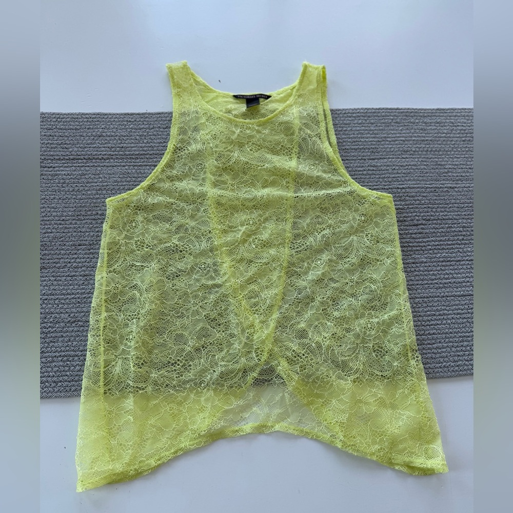 Victoria’s Secret Neon Yellow Sheer Lace Cross Back Tank Top Swim Cover Up Small - Picture 10 of 13